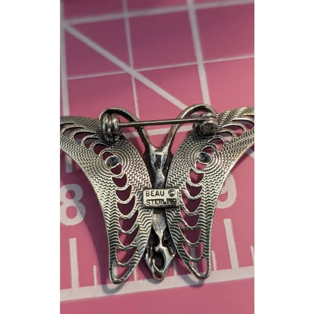 Beaucraft Vintage Sterling Silver Flower Filigree Butterfly Brooch